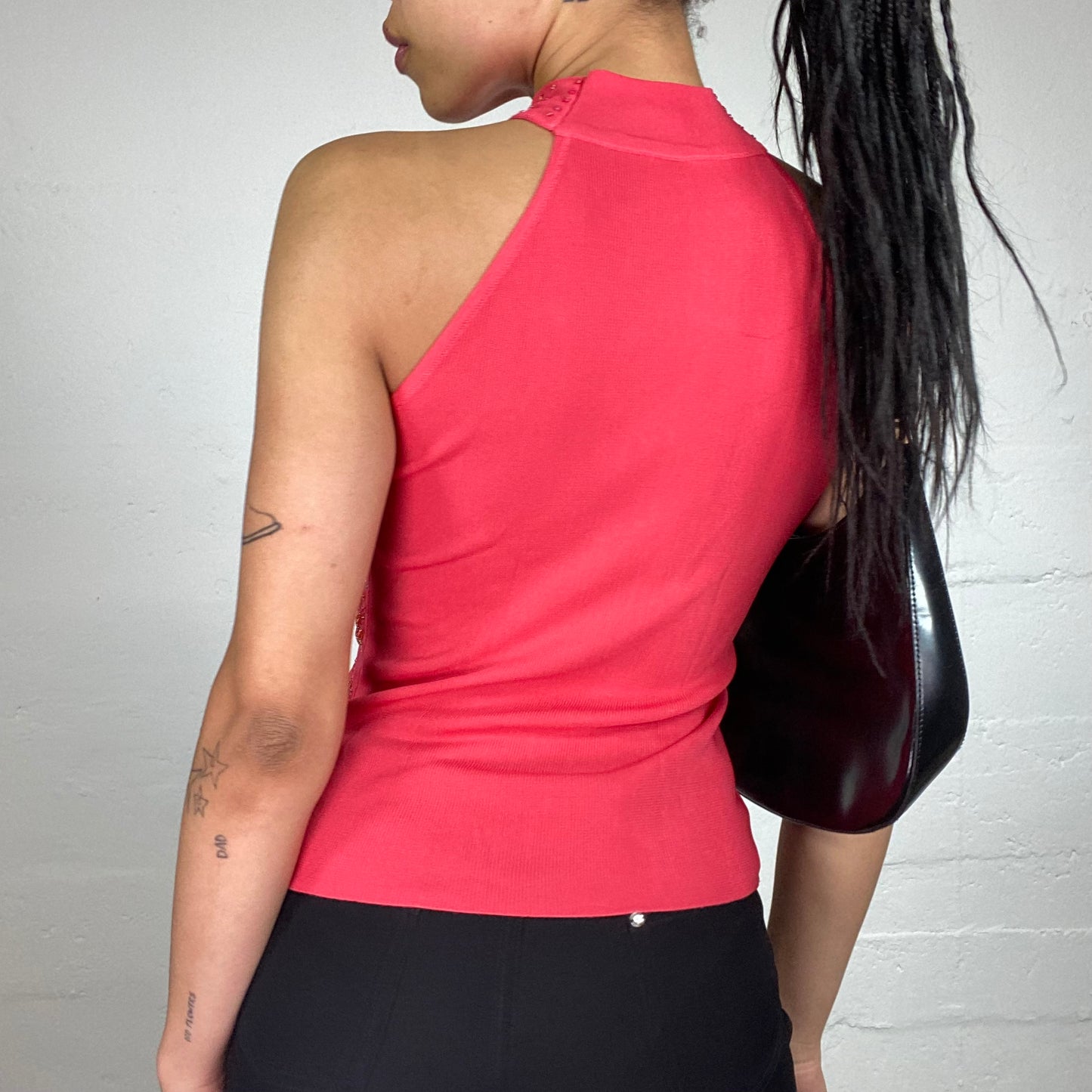 Vintage 2000's Funky Coral Red Turtleneck Jersey Top with Sequins and Rhinestone Stars Embroidery (S)
