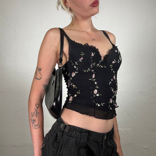Vintage 2000's Romantic Summer Black Cami Top with Pink Floral Embroidery and Ruffled Mesh Trim (S)