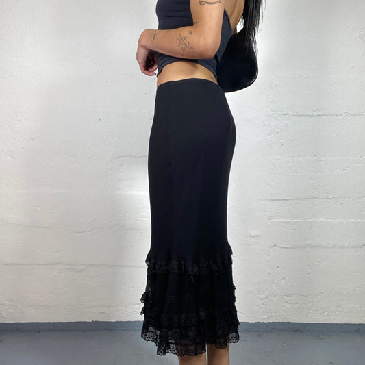 Vintage 2000's Betsey Johnson Romantic Black Long Midi Skirt with Layered Lace Bottom Details (M)