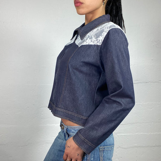Vintage 2000's Coquette Dark Blue Zip Up Collared Denim Jacket with White Lace Decor (S)