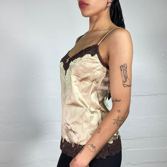Vintage 2000's Soft Girl Coffee Toned Beige Silky Camisole Top with Brown Lace Details (S)