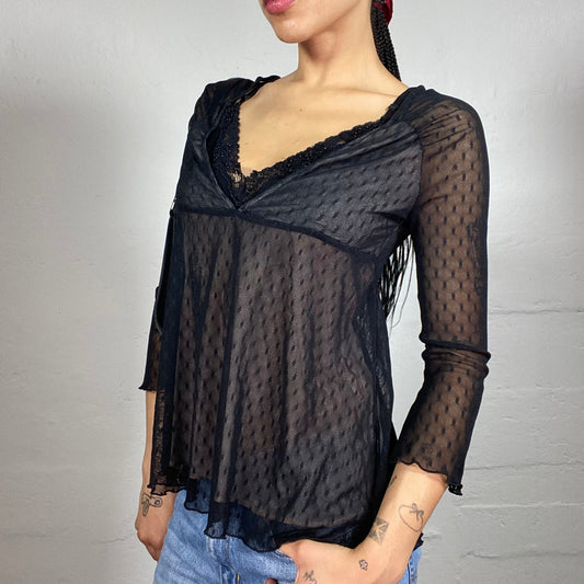 Vintage 2000's Romantic Black Dot Pattern Lace 3/4 Sleeve Top (S)