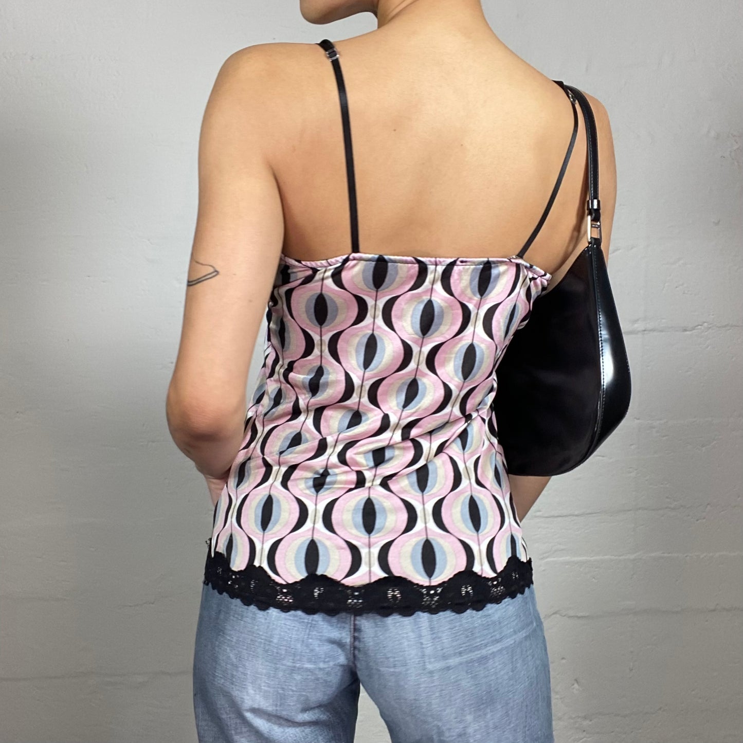 Vintage 2000's Coquette Pink and Black Silky Printed Cami Top with Black Lace Trim (M)