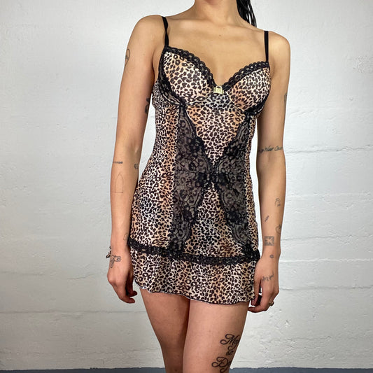 Vintage 2000's Cheetah Girl Lingerie Style Brown Toned Animal Printed Lace Decorated Micro Dress (S)