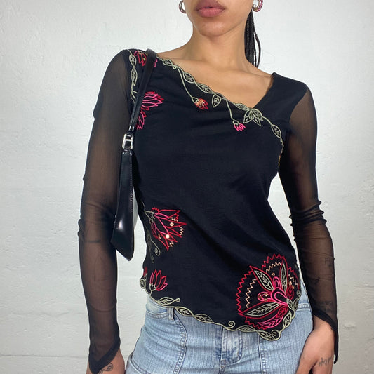 Vintage 2000’s Dark Boho Girl Black Mesh Long Sleeves Asymmetric Too with Floral Embroidery (S)