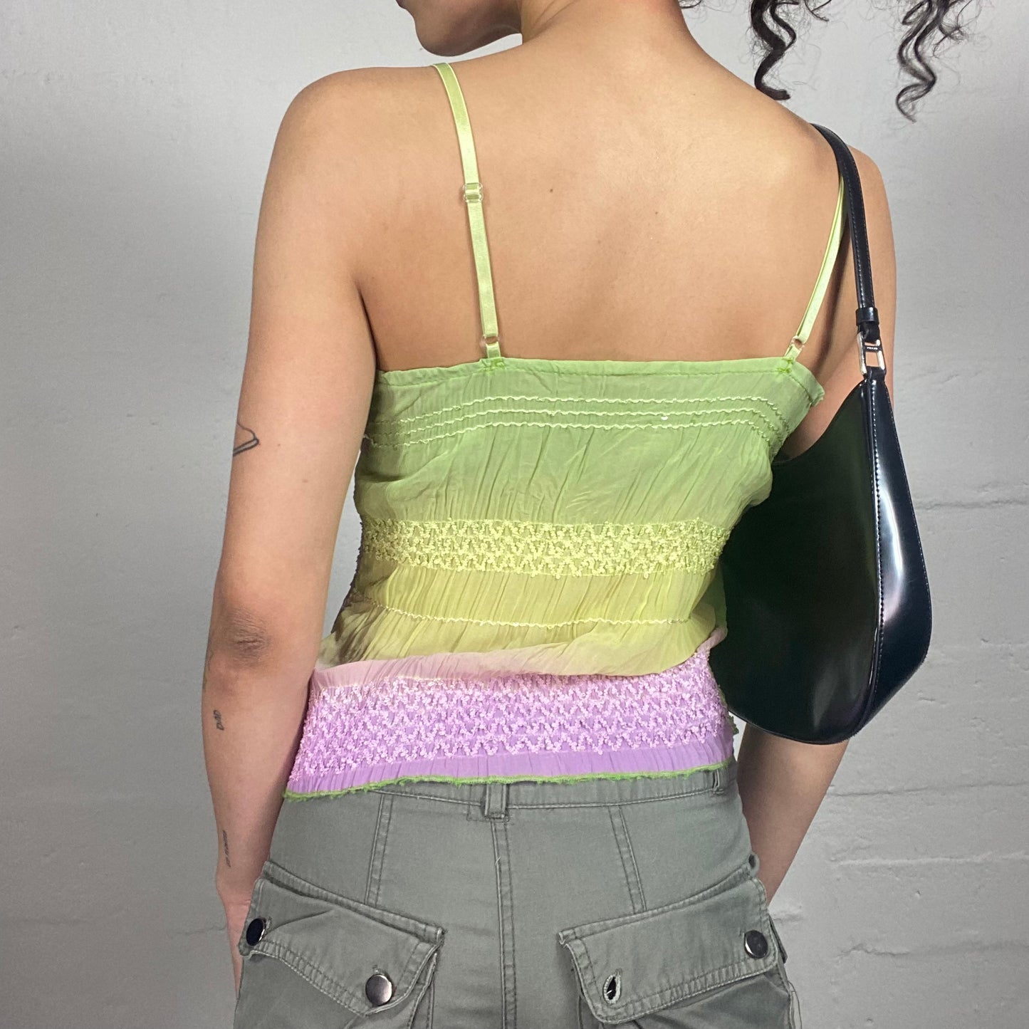 Vintage 2000's Forest Fairy Light Green and Pink Ruffled Cami Top (M)