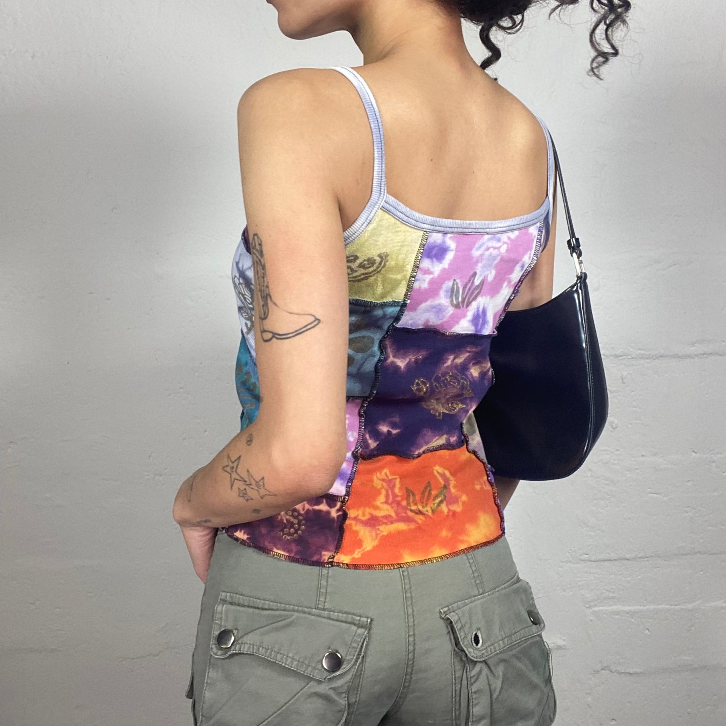 Vintage 2000's Hippie Tie Dye Multicoloured Patched Cami Top with Middle Flower Print (S)