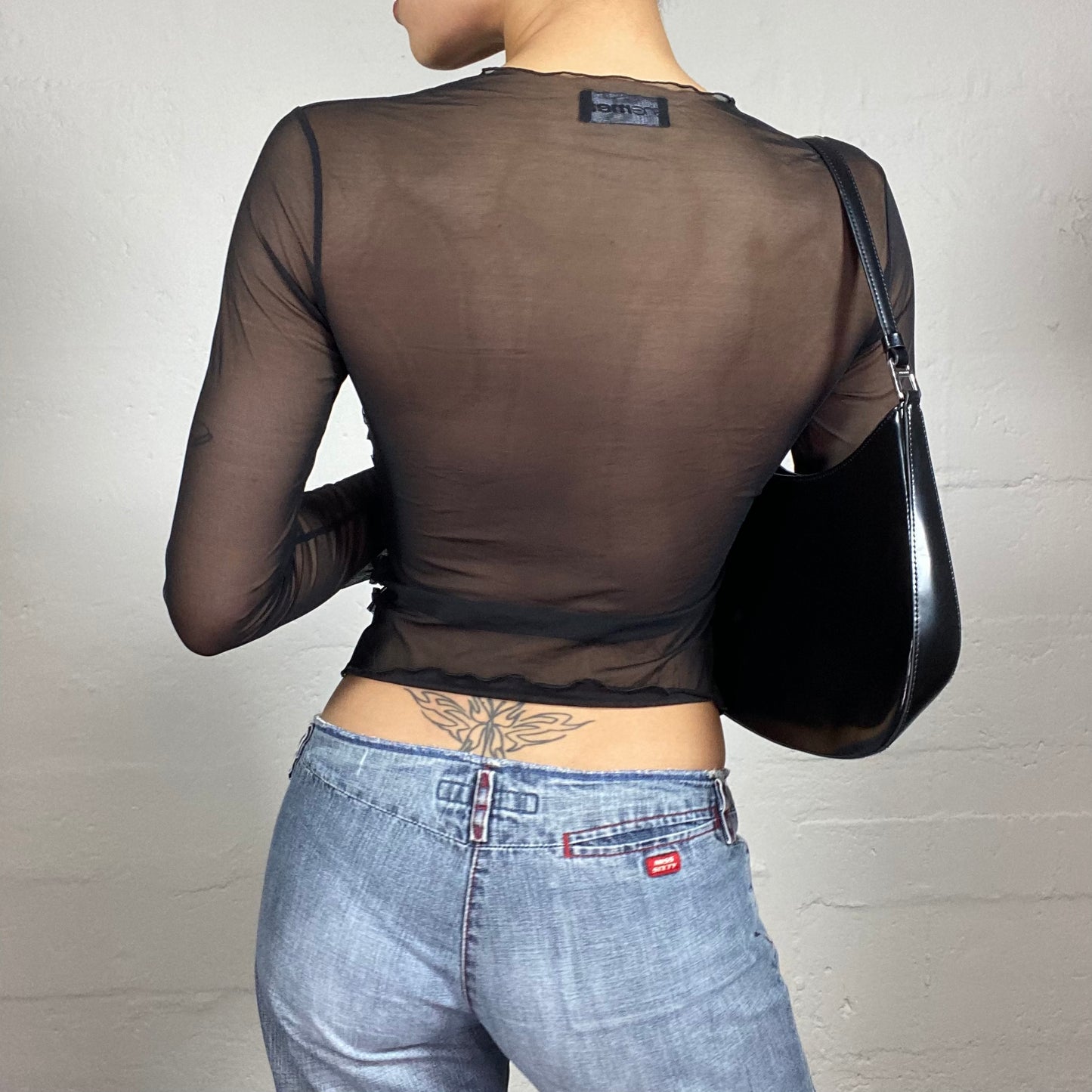 Vintage 2000's Edgy Black Mesh Longsleeve Top with Black Textred Embroidery (S)