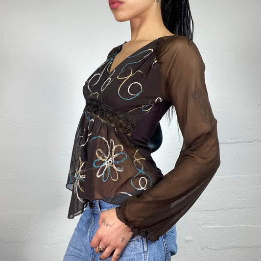 Vintage 2000's Boho Girl Brown Chiffon V-Cut Longsleeve Blouse with Knitted Embroidery (S)
