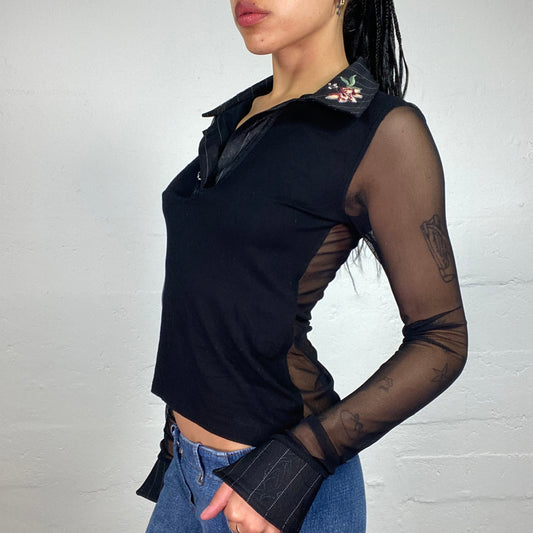 Vintage 2000's Office Girl Black Longsleeve Mesh See Through Top with Floral Printed Collar (M)