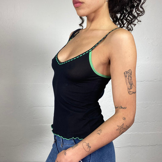 Vintage 2000's Casual Black Mesh Classic Cami Top with Lime Green Trim and Seaming (S)