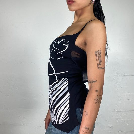 Vintage 2000's Downtown Girl Blaxk Asymmetric Bottom Cami Top with White Face Print (S)
