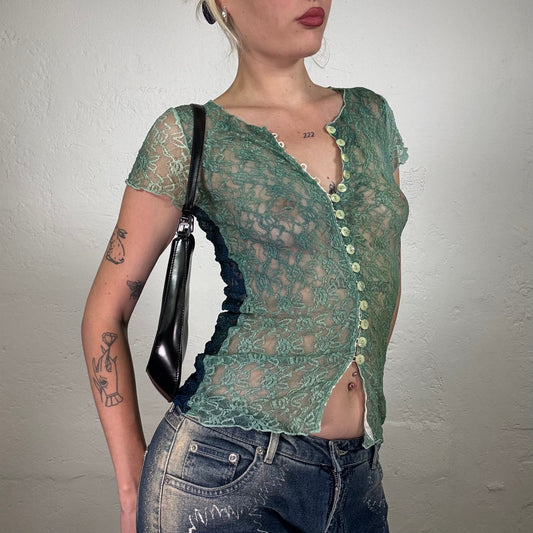 Vintage 2000's Summer Fairy Green Aquamarine Blue Lace Top with Ivory Mini Buttons (M)