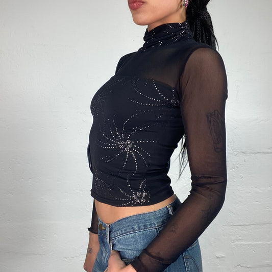 Vintage 2000's Clubwear Black Turtleneck See Through Mesh Parts Longsleeve Top with Silver Stars Print (S)