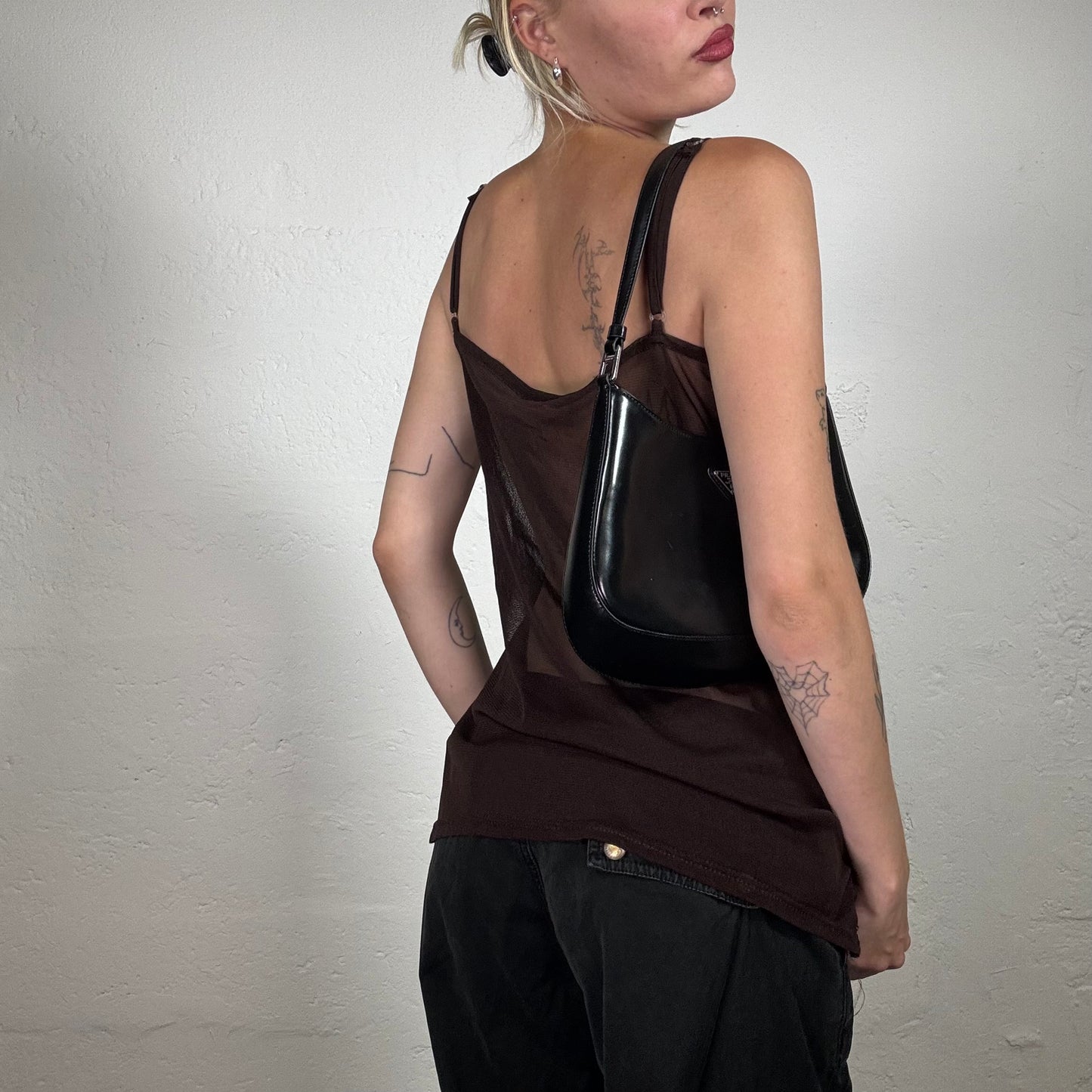 Vintage 2000's Date Night Brown chiffon Cami topo with Beaded Ornament Print and Sequin Details (M/L)