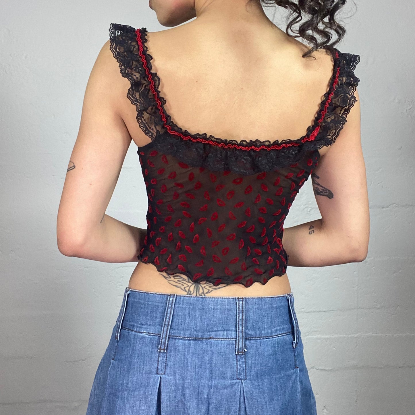 Vintage 2000's Goth Coquette Black Mesh Off Shoulders Top with Red Lips Prints and Ruffles (S)