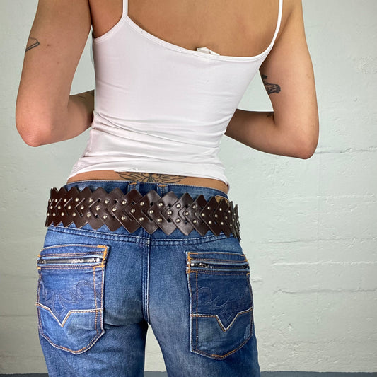 Vintage 2000's Boho Girl Brown Leather Patchwork Belt with Metal Pieces Details