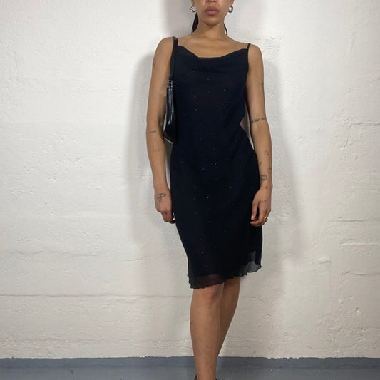 Vintage 2000’s Audrey Black Knee Length Chiffon See Through Draped Cami Dress with Rhinestone Details (M)