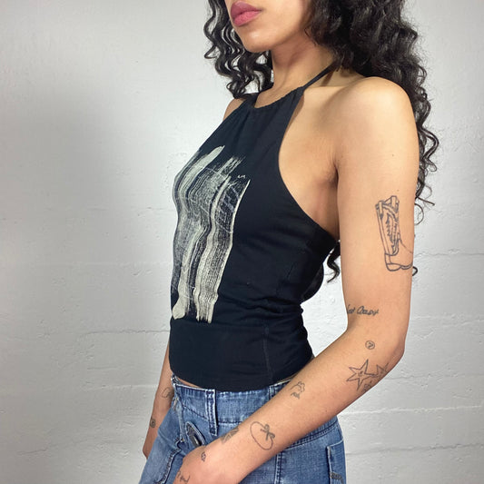 Vintage 2000's Sisley Downtown Girl Black Cropped Neckholder Top with White Paint Print (S)