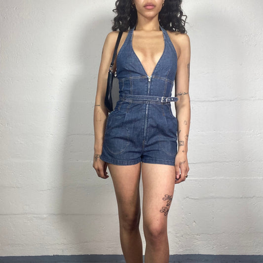 Vintage 2000's Miss Sixty Downtown Girl Classic Blue Denim Shorts Belted Neckholder Jumpsuit (S)