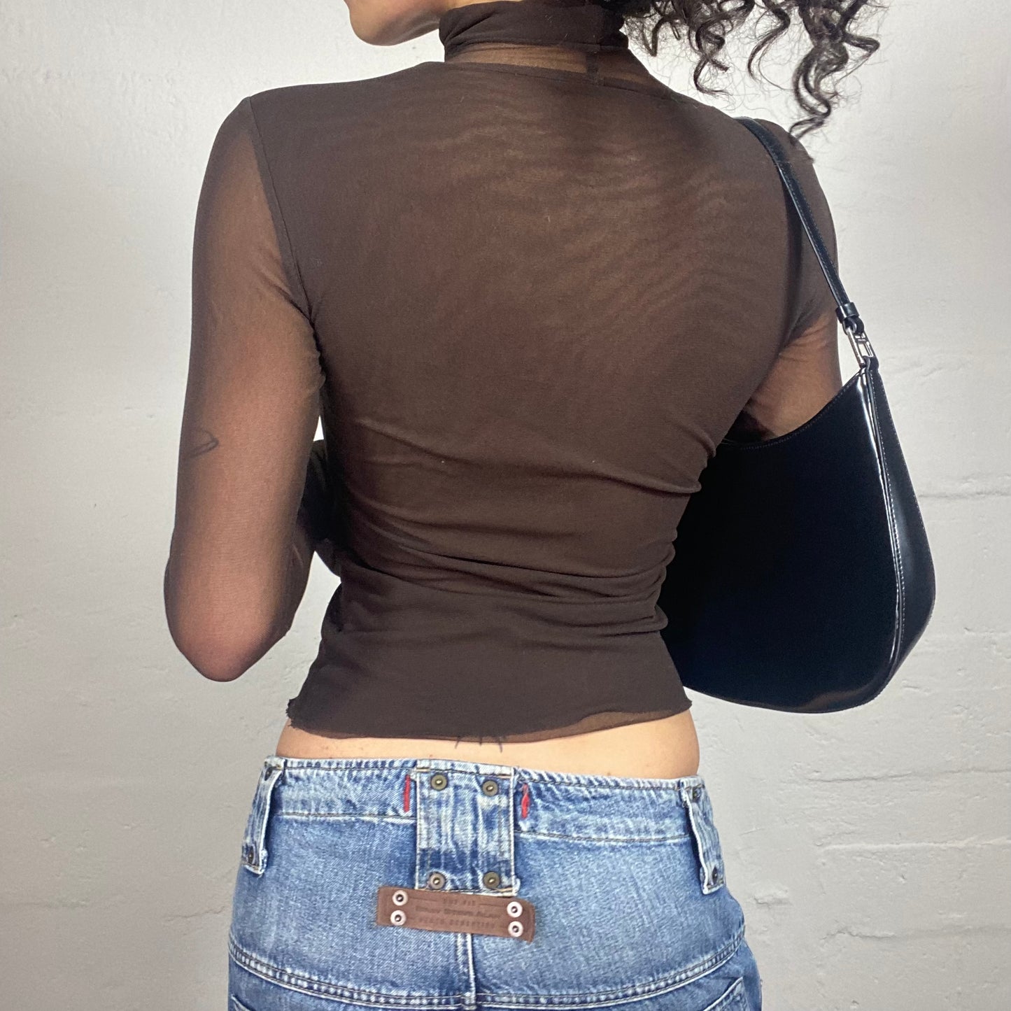 Vintage 2000's Glam Brown Mesh Turtle Neck Longsleeve Top with Satin Embroidery (S)