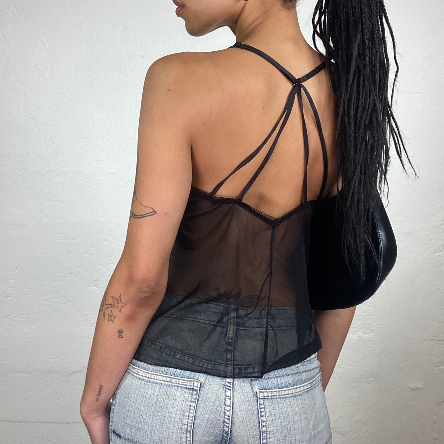 Vintage 2000’s Romantic Black Mesh Draped Cami Top with Shiny Silver Bra (S)