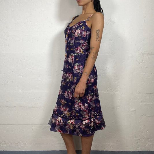 Vintage 2000’s Baroque Summer Purple Lace Midi Dress with Floral Print (M)