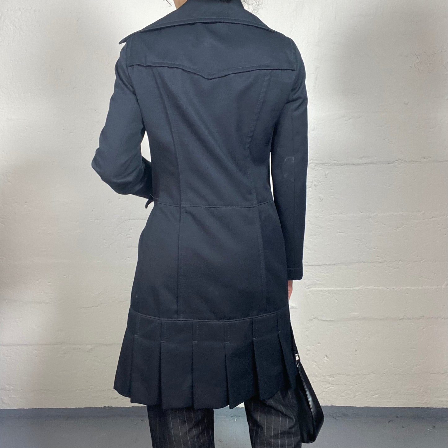 Vintage 2000's Miss Sixty Rainy Day Black Side Closing Midi Length Coat with Pleated Bottom Detail (L)