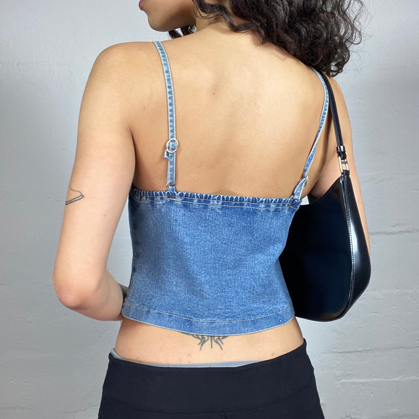 Vintage 2000's Downtown Girl Blue Denim Beige Lace Up Detail Top (M)