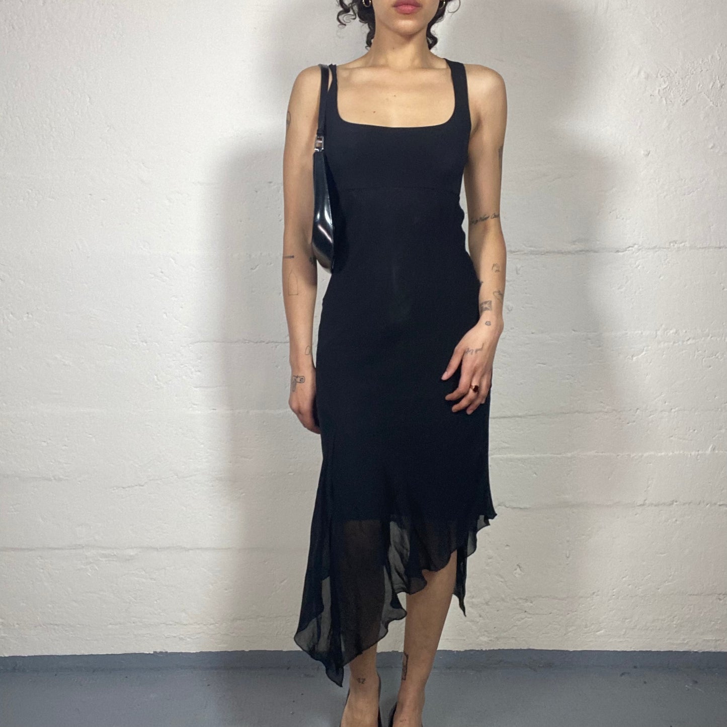 Vintage 2000's Perfect Summer Night Out Midnight Black Asymmetric Ruffled Dress with Shiffon Layerings (S)