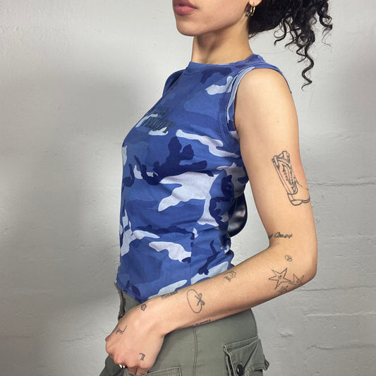 Vintage 2000's Skater Girl Blue Camo Print Tank Top with Freddy Print (S)
