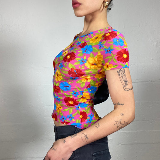Vintage 2000's Fun Summer Multicoloured Flowers Printed Baby Tee (S)