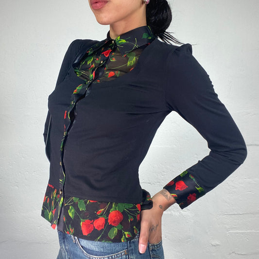 Vintage 2000's D&G Office Girl Romantic Two-Layers Longsleeve Button Up Top with Roses Print (M)