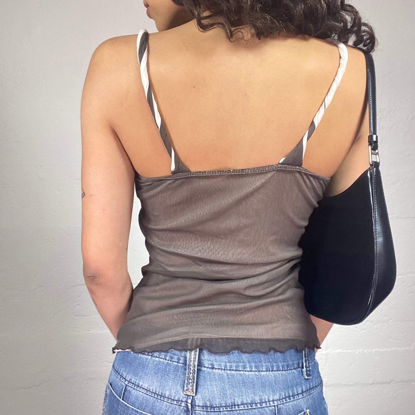 Vintage 2000's Downtown Girl Layered Grey and White Mesh Cami Top (S)