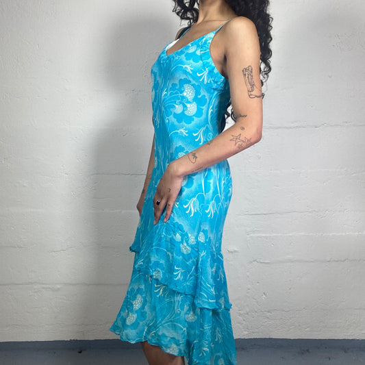 Vintage 2000's Summer Aquamarin Layered Asymmetric Cami Dress with Bra Ruffles and White Floral Print (M)