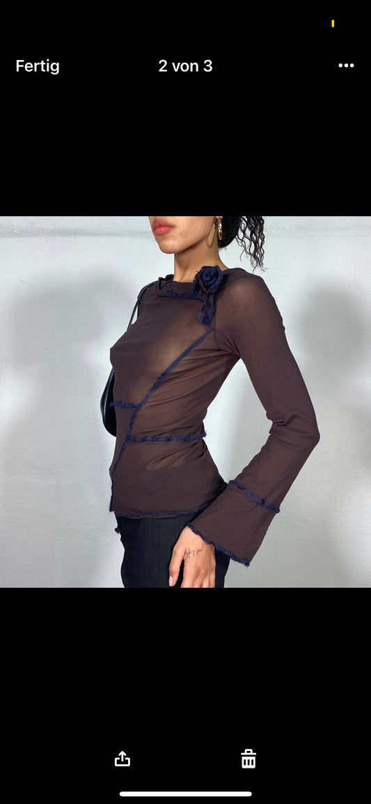 Vintage 2000's Cyber Mesh Brown Top with Visible Seam Stitching Detail (S)