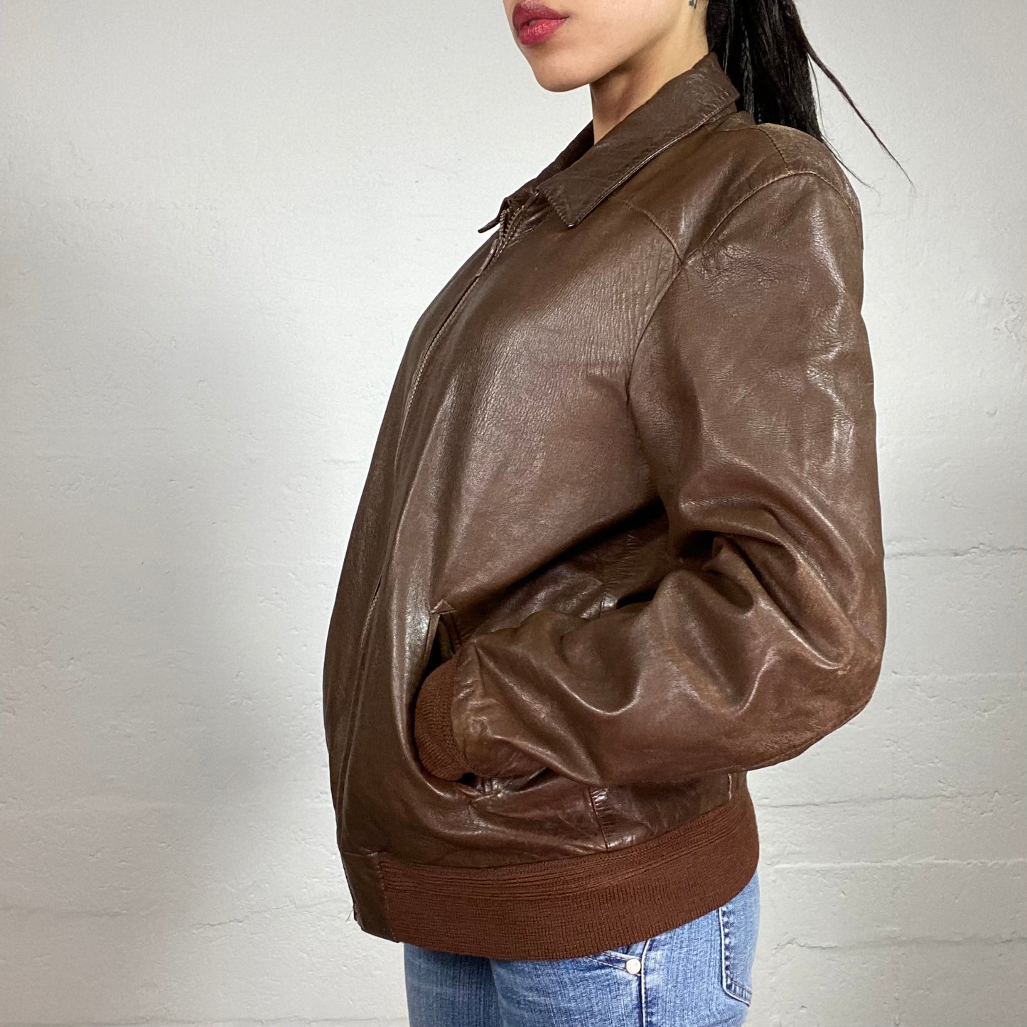 Vintage 90’s Downtown Girl Brown Leather Bomber Jacket (48)