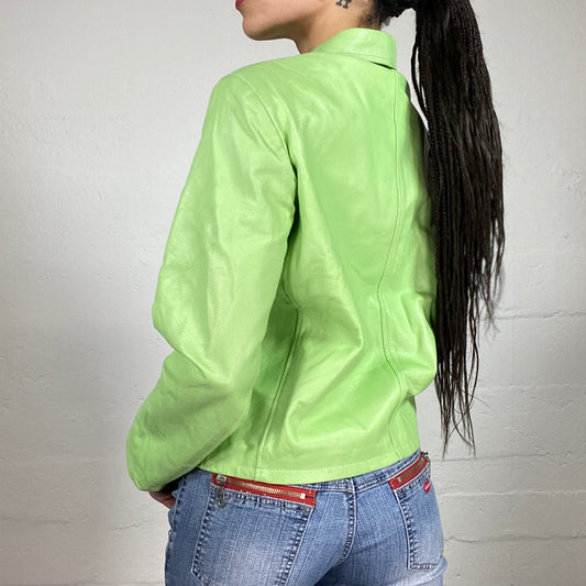 Vintage 90’s Spring Soft Girl Lime Green Zip Up Leather Jacket with Classic Collar (44)