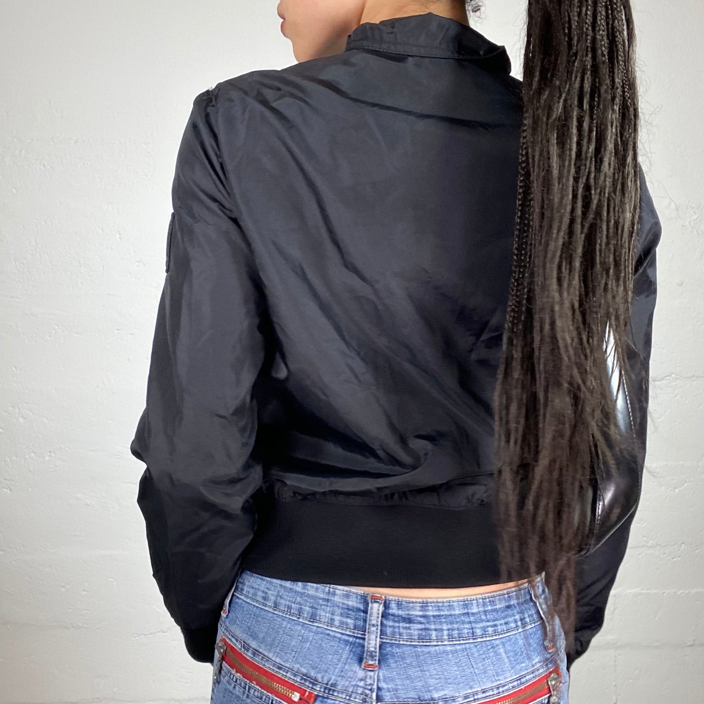 Vintage 90’s Archive Playboy Skater Girl Windbreaker Fitted Black Bomber Jacket with Sleeve Logo Embroidery (S)