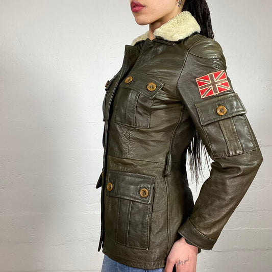 Vintage 90's Uniform Style Khaki Green Button Up Leather Jacket with Teddy Fur Collar (42)