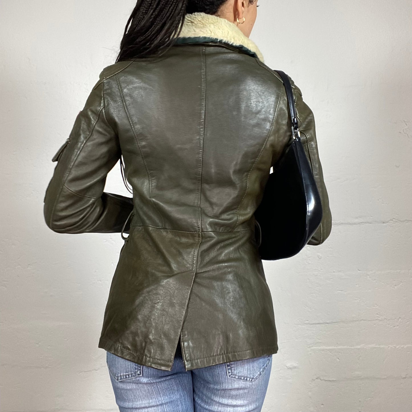 Vintage 90's Uniform Style Khaki Green Button Up Leather Jacket with Teddy Fur Collar (42)