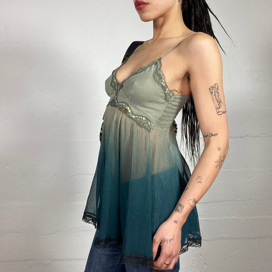 Vintage 2000’s Mermaid Faded Green Shiffon Longer Cami Top with Lace Decorated Trim and Sequins (S)