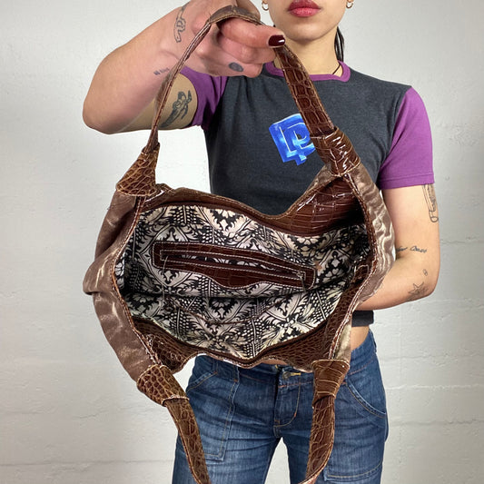 Vintage 2000’s Ed Hardy Brown Tie-Dye Medium Sized Cartoon Printed Shoulder Bag with Eyelet Binding Details Decorated with Rhinestones