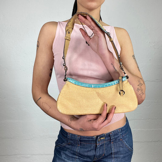 Vintage 2000’s Archive Guess Glamorous Yellow Textured Shoulder Bag with Aquamarine Blue Snake Skin Effect Details