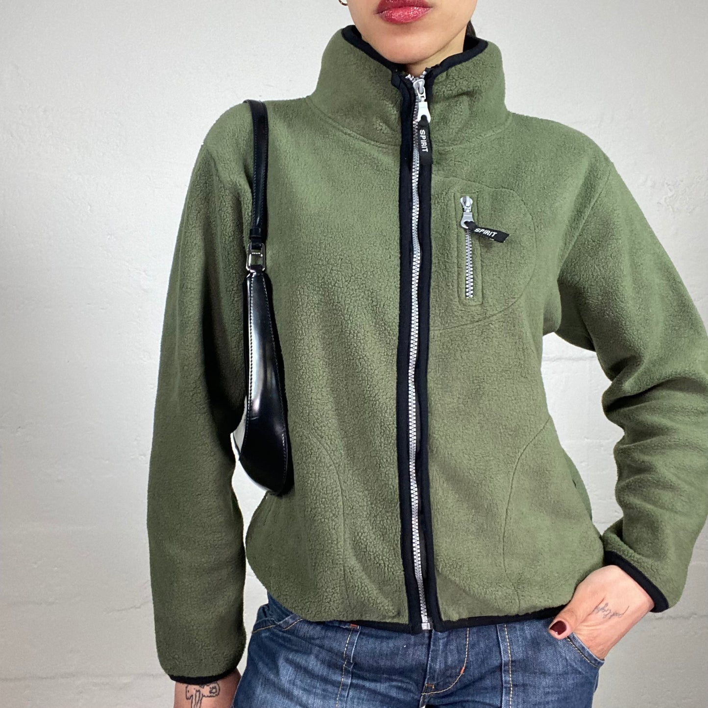 Vintage 90’s Skater Girl Feezy Khaki Green Zip Up Pullover Style Jacket with Back Cartoon Embroidery Detail (L)