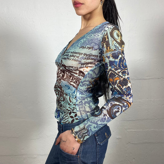 Vintage 2000's Casual Boho Blue Based Multicoloured Printed V-Neck Longsleeved Top (S)