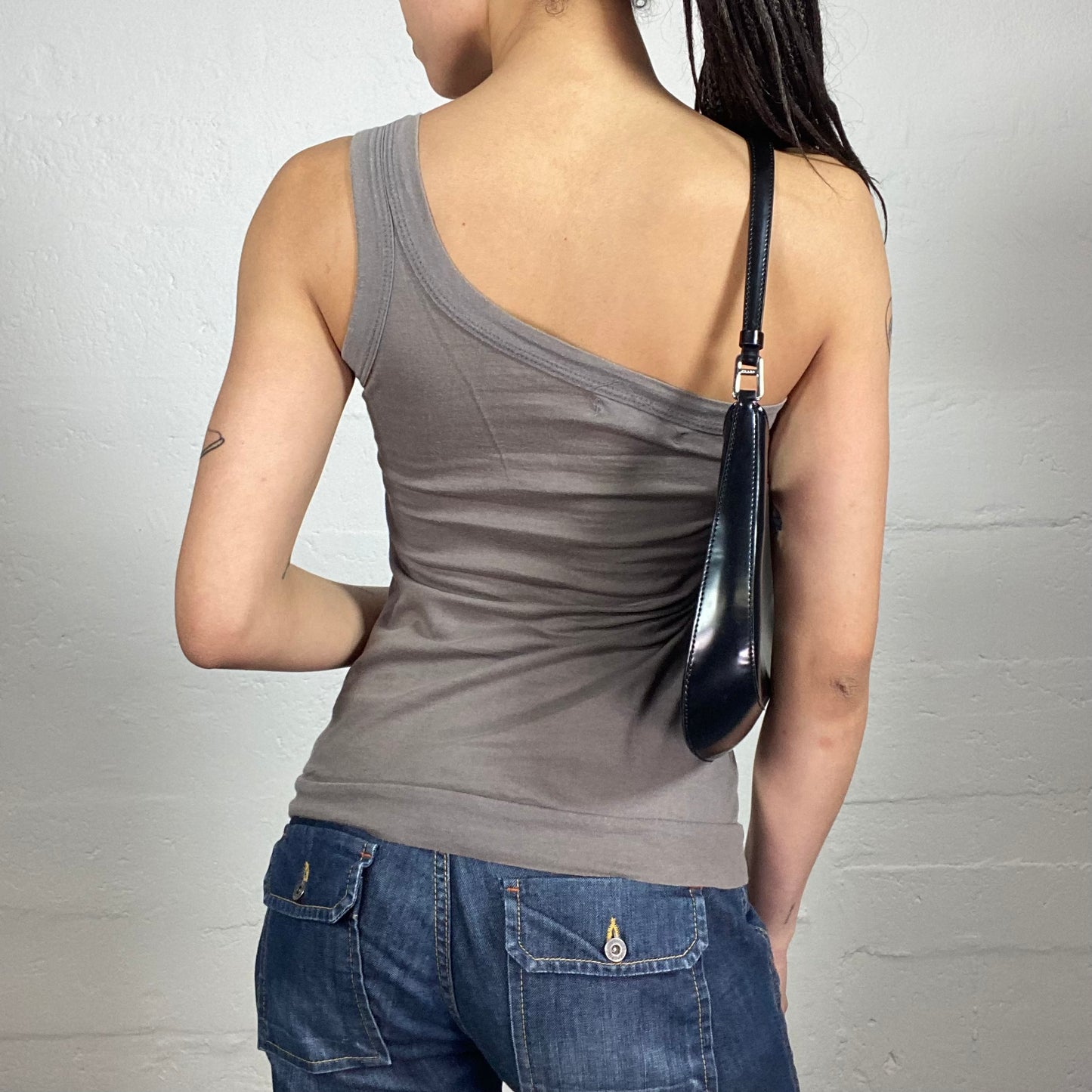 Vintage 2000's Hip Hop Style Grey One Shoulder Jersey Top with Pink Typography Print (S)