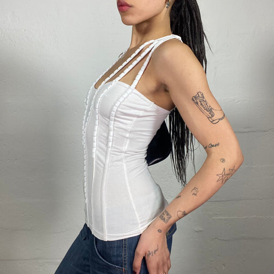 Vintage 2000's Morgan Night Out White Top with Matching White Sequin Decorated Multi Shoulder Stripes (S)