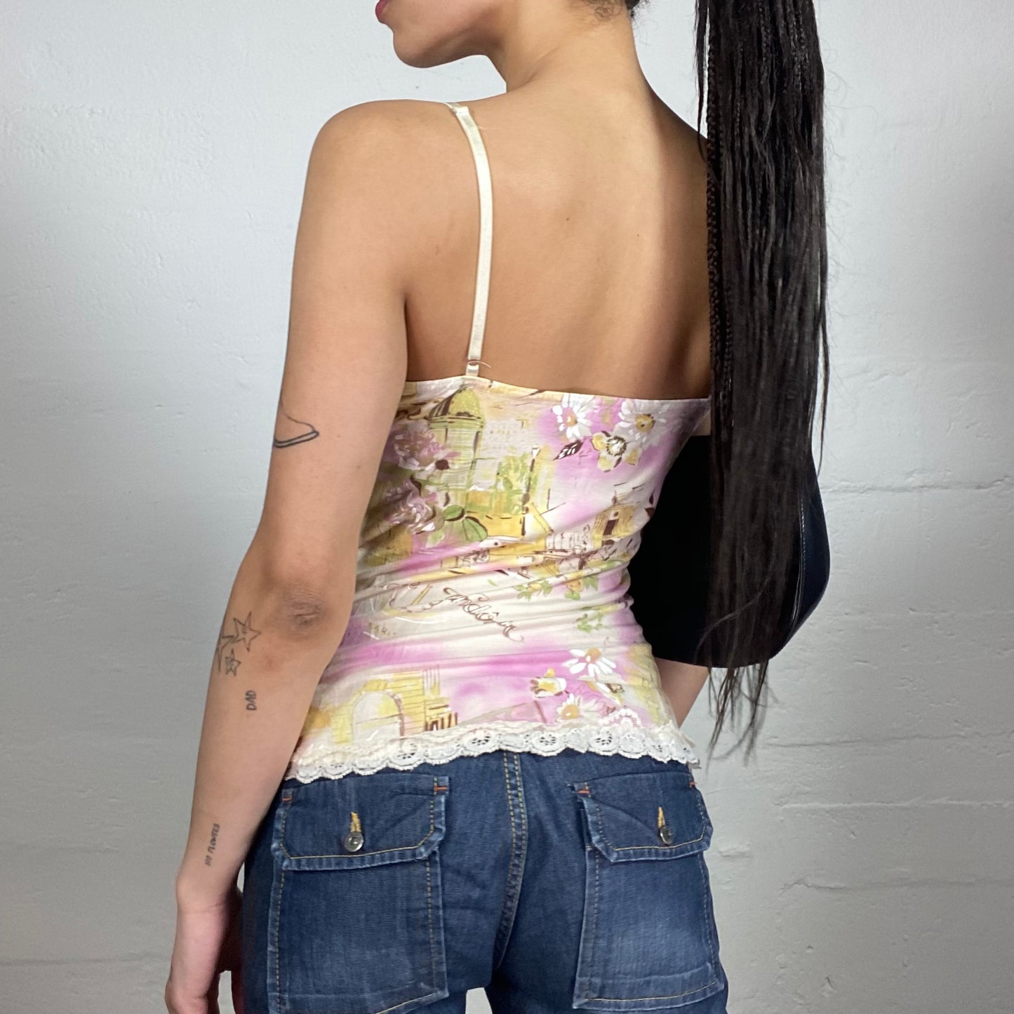 Vintage 2000's Soft Girl Milky Romantic Print Cami Top with Lace Trim (S)