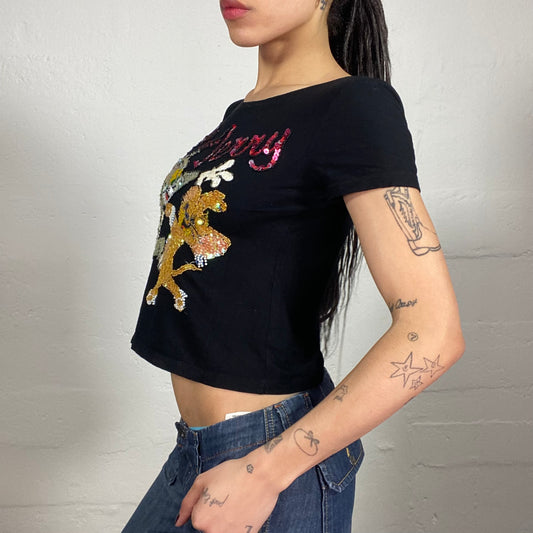Vintage 2000's Cute Tom & Jerry Black Baby Tee with Cartoon Sequins Embroidery (S)